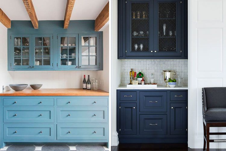 Muebles de cocina clásicos, fabricados en madera y reformados. Pinturas para muebles en tonos azules pasteles o cobalto. Un gran cambio por poco dinero.