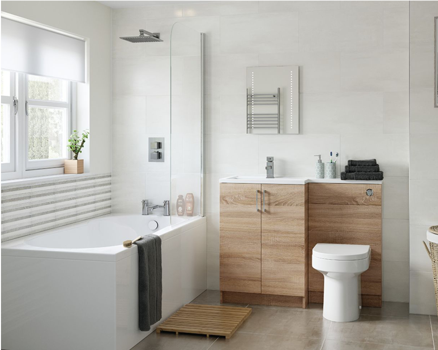 Baño sencillo y moderno en color blanco con toques de madera natural